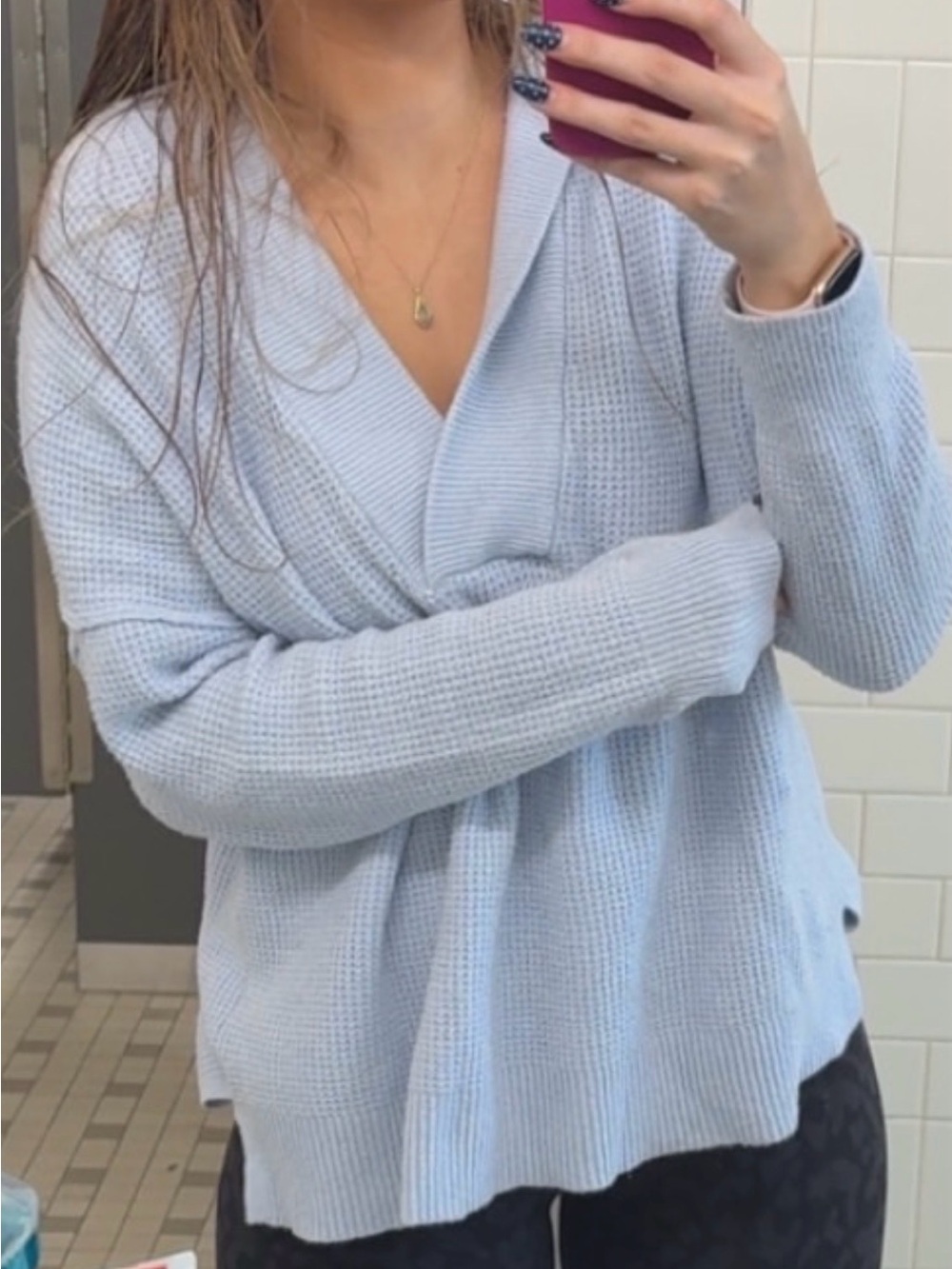 aerie Light Blue V-Neck Waffle Knit Sweater